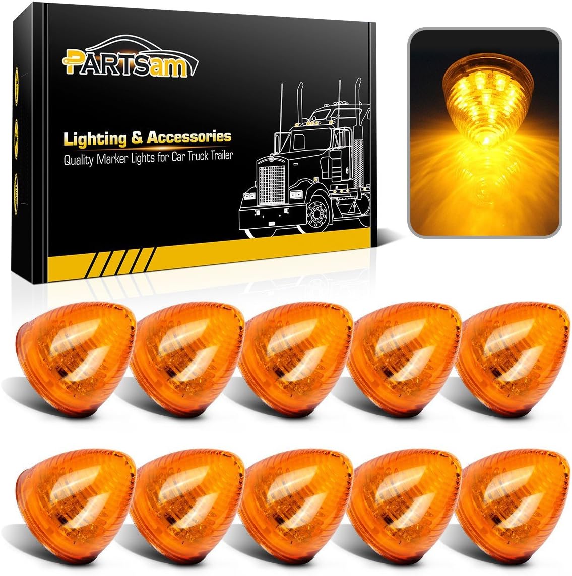 Partsam 10Pcs 2 inch Amber 9LED Side Marker Lights, 2″ Beehive Light, Round Cone Clearance Lights for 12V Trailer Truck Replacement for Peterbilt Kenworth Freightliner