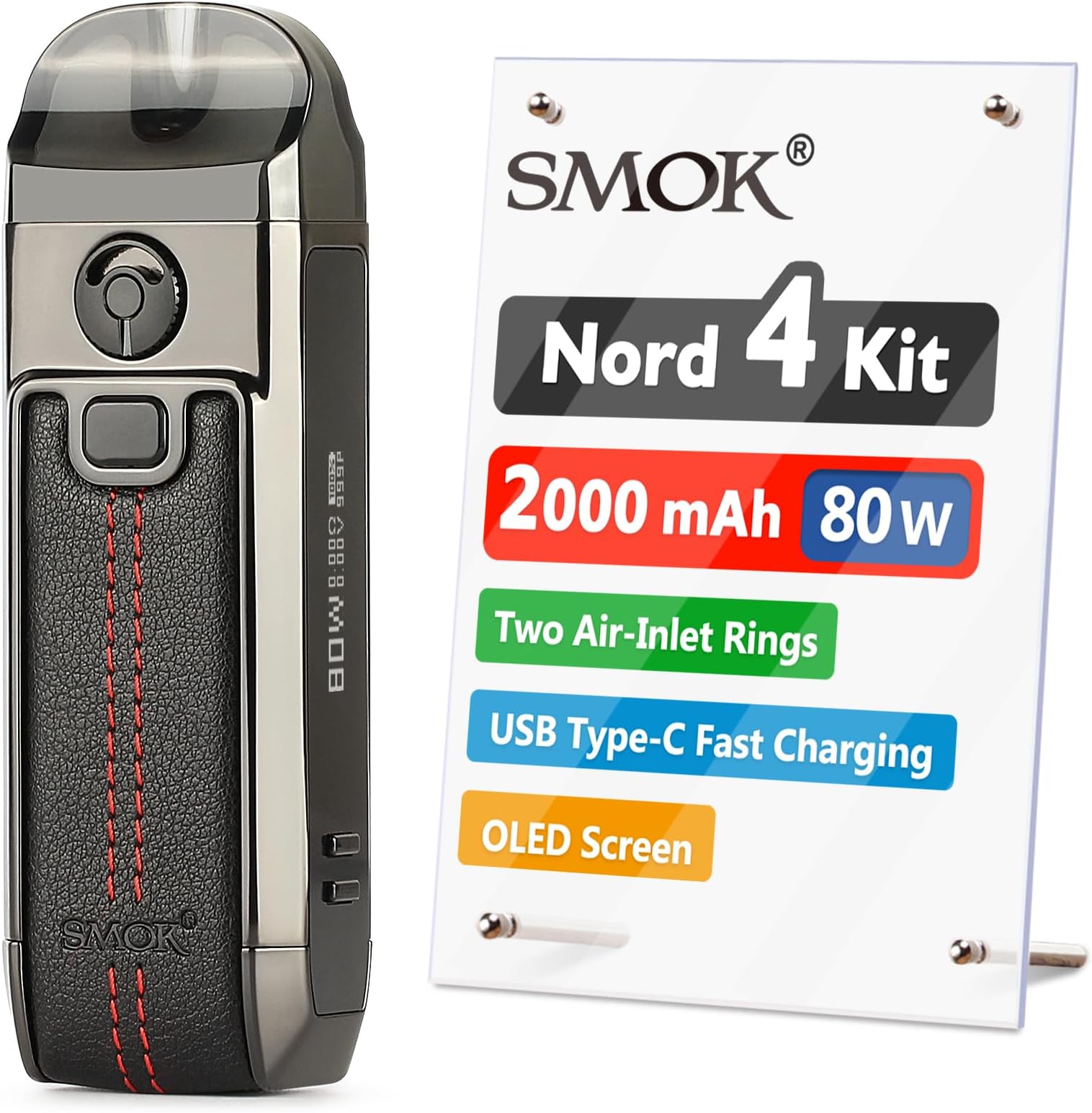 SMOK Nord 4, E Cigarette Vape Starter Kit, 80W 2000mAh, 2ml Airflow Control Vaping, OLED Display, Type-C Fast Charging, Using RPM and RPM 2 Coils, No Nicotine, Black