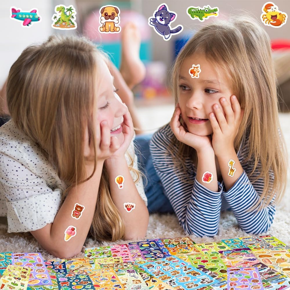 24 Sheets Stickers for Kids & Toddlers, Cute Kids Stickers Variety Pack for Scrapbooking, Teachers Classroom Prizes, Goodie Bag Stuffers Including Animals, Cars, Dinosaurs, Fishes, Hearts and More