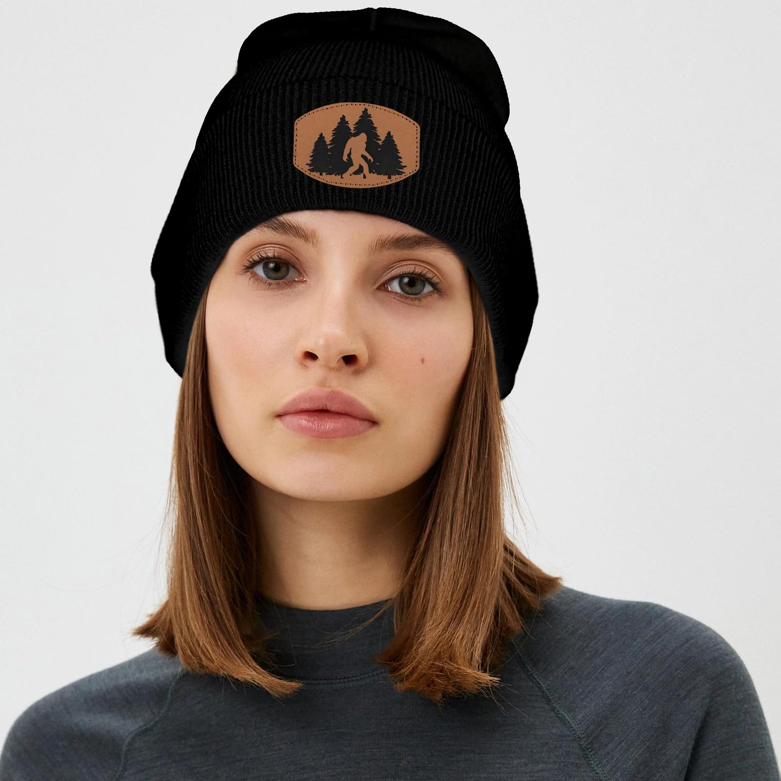Sasquatch - Gorro de punto de piel con parche de piel para invierno, diseño de calavera, regalos para adultos, hombres y mujeres