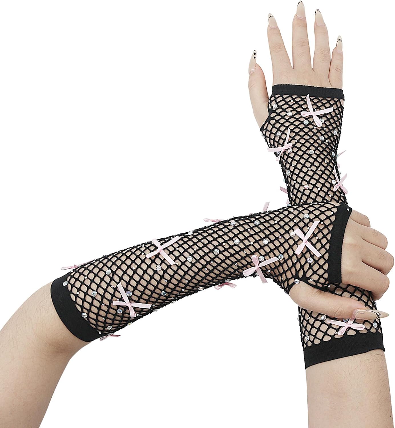 Long Keeper Rhinestone Bow Fishnet Gloves Women Long Fingerless Fish net Gloves Halloween Costume Party Concert Mesh Gloves - Image 2