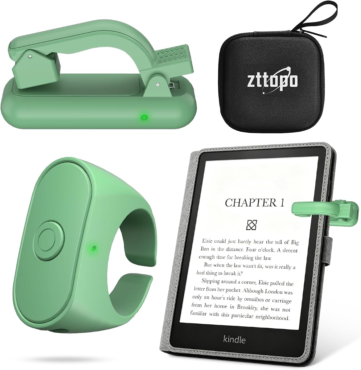 Upgraded Page Turner Ring for Kindle Paperwhite Oasis Scribe Kobo eReaders,Case-Friendly Remote Control Page Turner Clicker for iPhone iPad Android Tablets E-Readers with Storage Hard Case (Green)