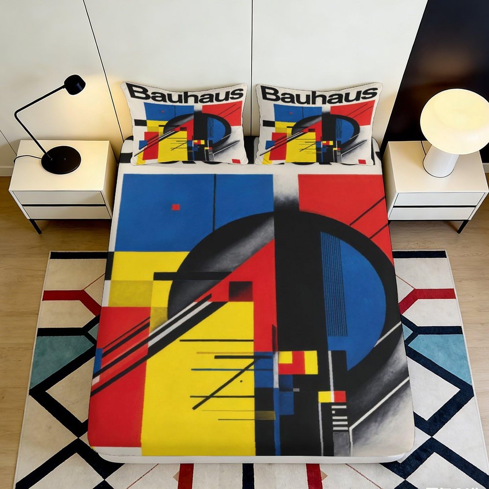 3D Printed Bauhaus Geometric Fitted Sheet Microfiber Soft Durable Abstract Art Bed Cover for Bedroom Dormitory Guest Room Mattress Protection 90x200x25cm