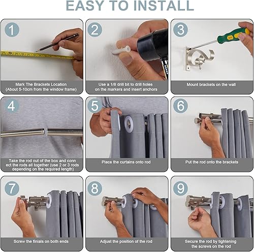 Miniatura 7 de Barras de cortina dobles de níquel cepillado de 72 a 144 pulgadas (6-12 pies), 1 pulgada delantera y 58 pulgadas trasera ajustable con tapa de