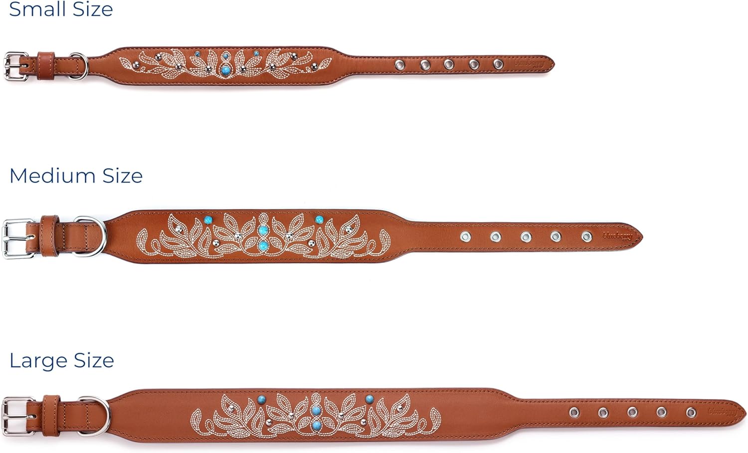 Blueberry Pet Genuine Leather Dog Collar - Western-Inspired Brown Leather Dog Collar for Large Dogs with Floral Embroidery & Turquoise Studs, 18-22 Inch Adjustable & Durable for City Pet Owners