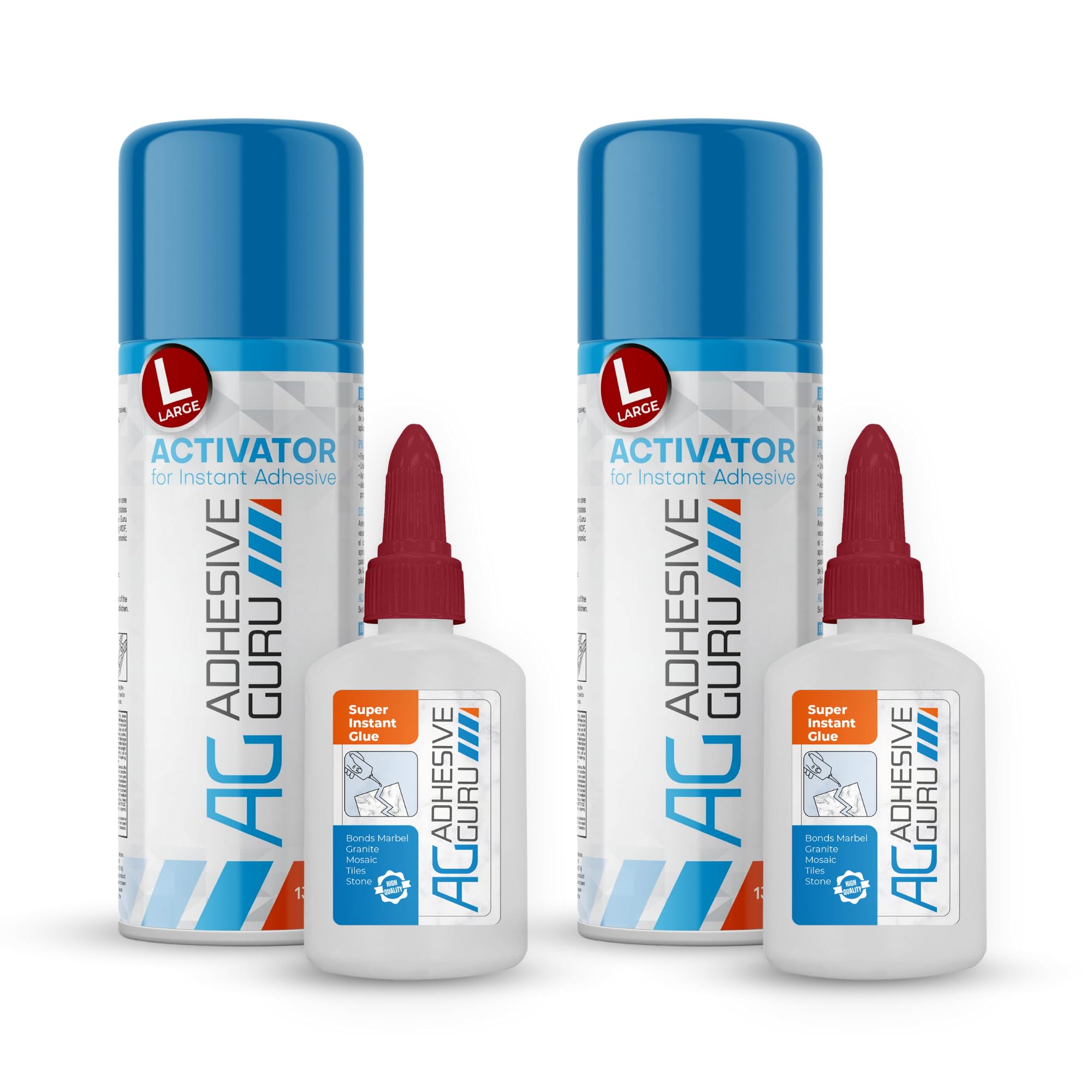 Adhesive Guru Stonebond Super Instant Glue (2x3.5 oz) with Spray Adhesive Activator (2x13.5 fl oz), Bonds Marble, Granite, Mosaic Tiles, Stone, 2 Pack