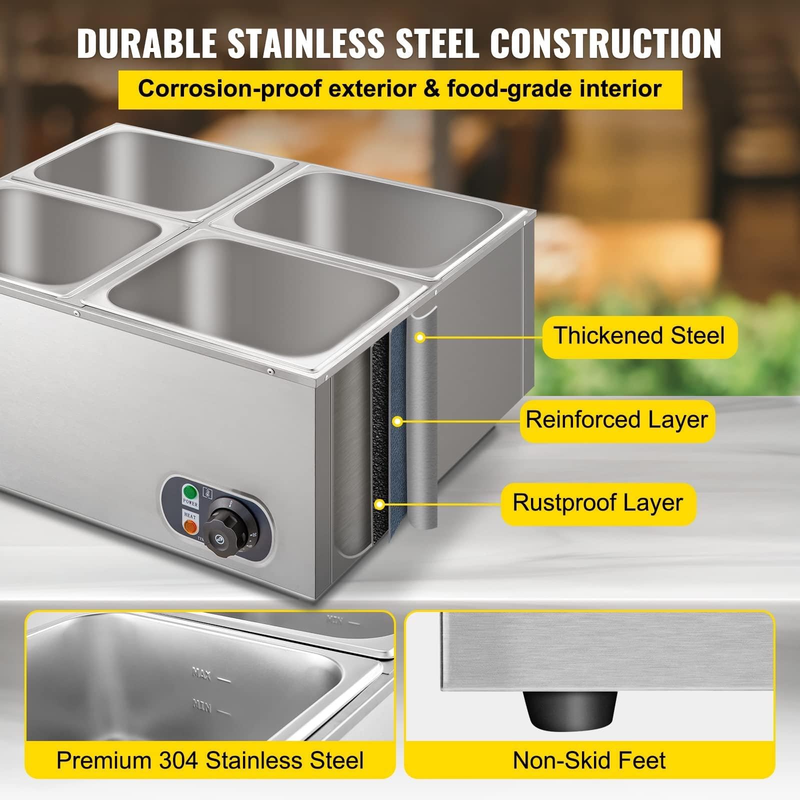 Scaldavivande commerciale a 4 teglie, scaldavivande elettrico da banco a vapore da 850 W per feste, scaldavivande elettrico a buffet a 4 teglie