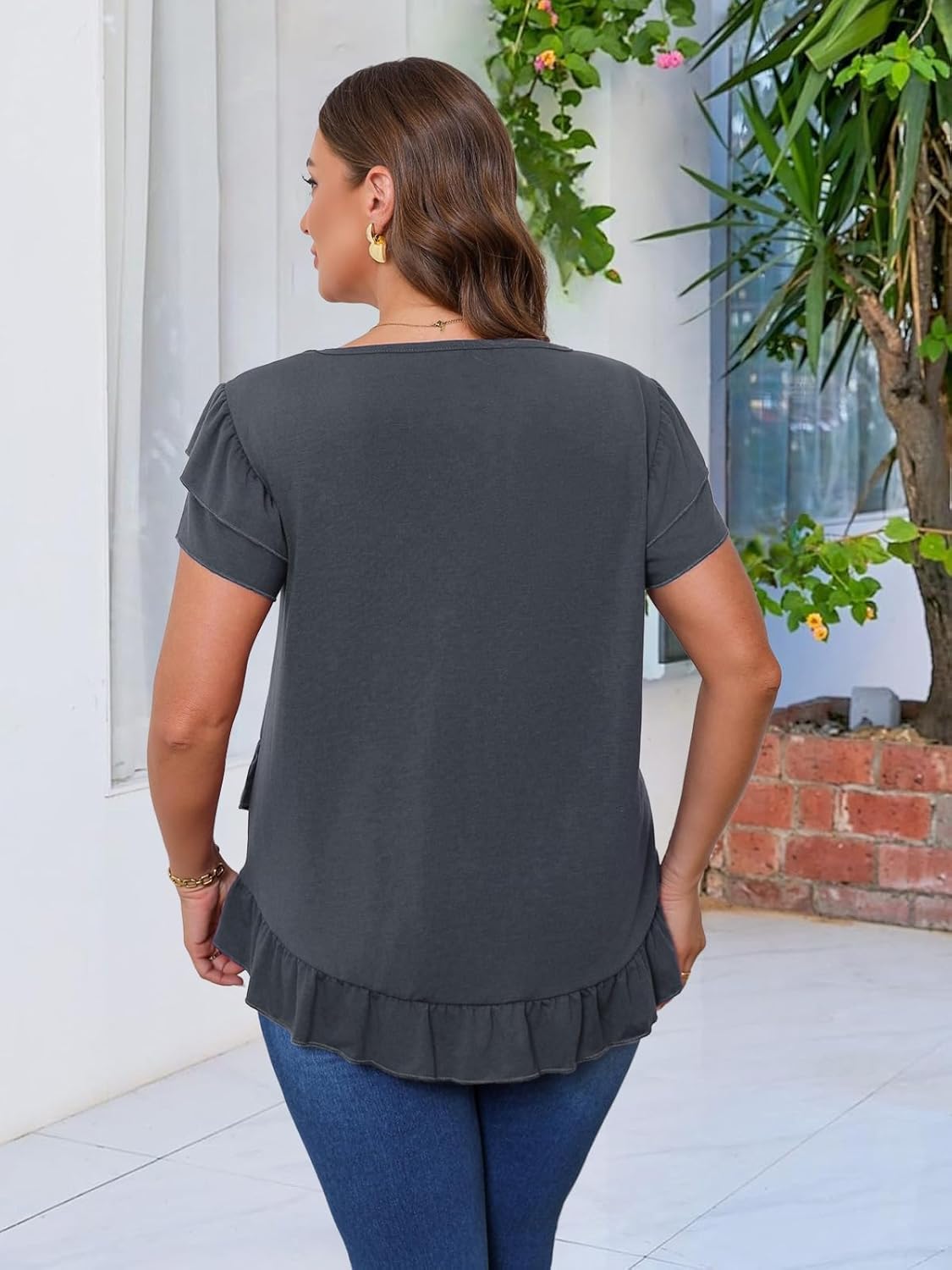 Beauhuty Womens Plus Size Shirts Square Neck Loose Tops Ruffled Hem Tunic Casual Flowy Dressy Blouses Ruffle Short Sleeves - Image 6