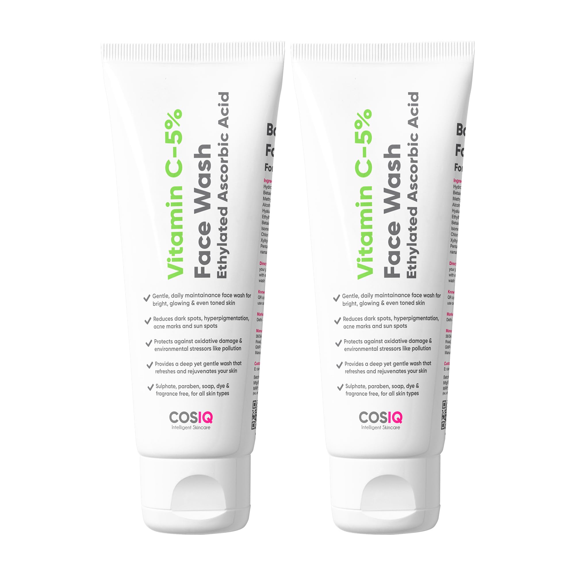 Cos-IQ 5% Vitamin C Face Wash Pack of 2 x 100ml For Glowing And Brightening Skin | All Skin Types | Fight Acne, Dark Sport, Hyperpigmentation & Sun Sports|Multi-Action Formula Facewash For Women & Men