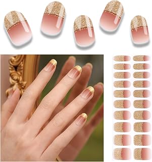 Semi Cured Gel Nail Strips, 20pcs Real Nail Polish Art Stickers, Golden Sunset Gel Nail Stickers - Work with Any UV Lamp, Long Lasting Full Wraps with Nails File and Stick