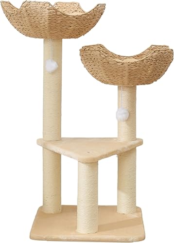 Vista 35 de SHENGOCASE Torre de árbol para gatos con cesta de mimbre de ratán, 3 cestas nido grandes tejidas a mano, percha de ventana para gatos grandes