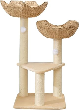 SHENGOCASE Cat Tree Tower with Rattan Wicker Basket, 2 Large Nest Baskets Bed, Window Perch for Large Cats up to 25 lbs