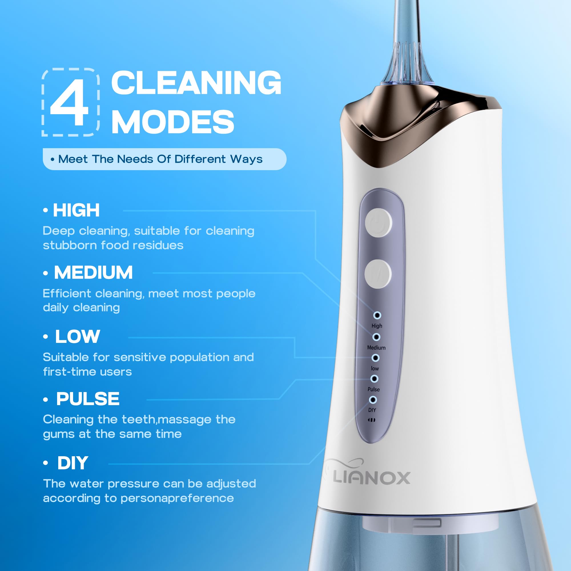 Idropulsore senza fili per la pulizia dei denti - Irrigatore orale con serbatoio staccabile da 300 ml con 5 punte e 5 modalità, impermeabile IPX7, plettro dentale ricaricabile USB per bretelle