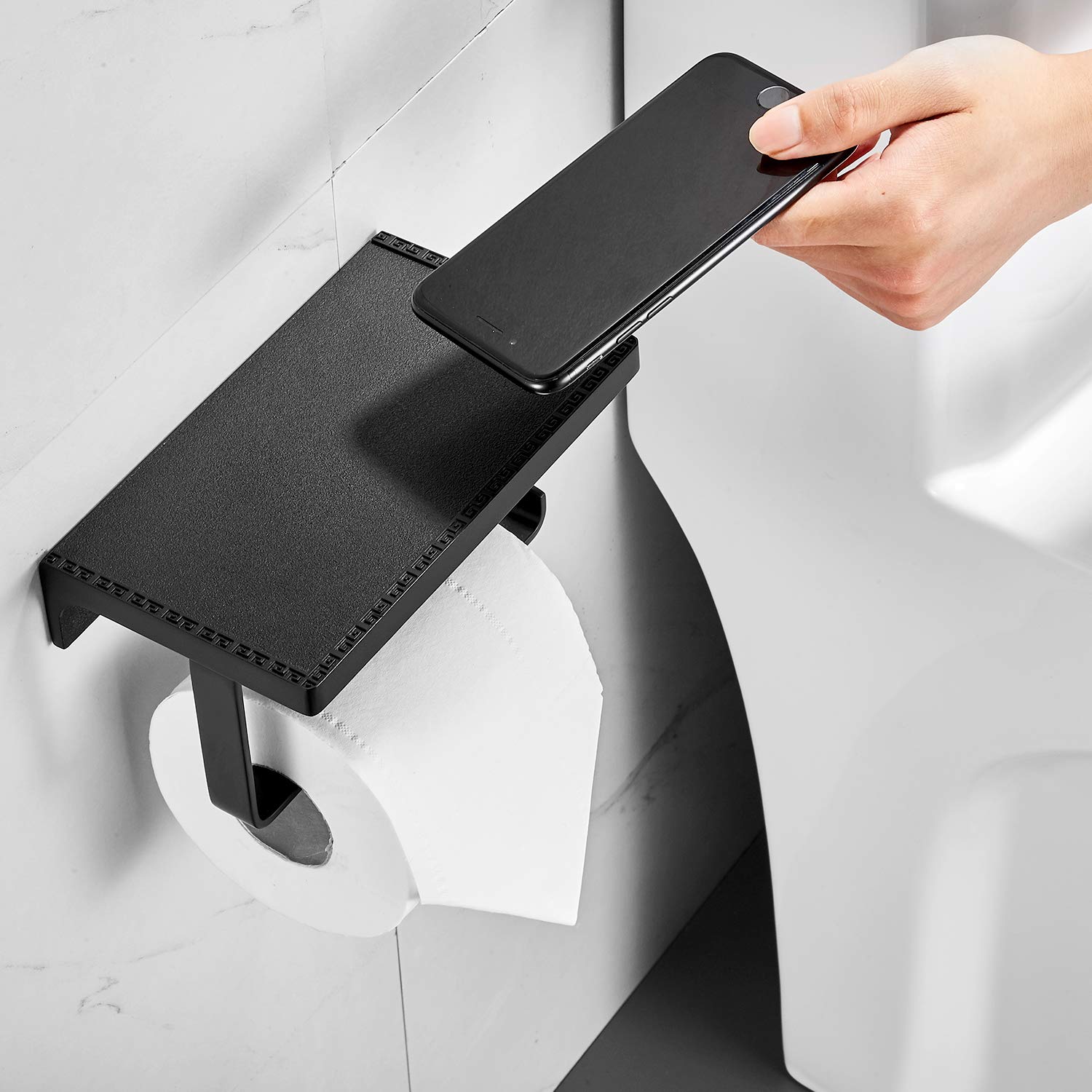 Toilettenpapierrollenhalter mit Ablage Papiertaschentuchspender Aufbewahrung Handyregale Wandmontierte Badaccessoires Schwarz