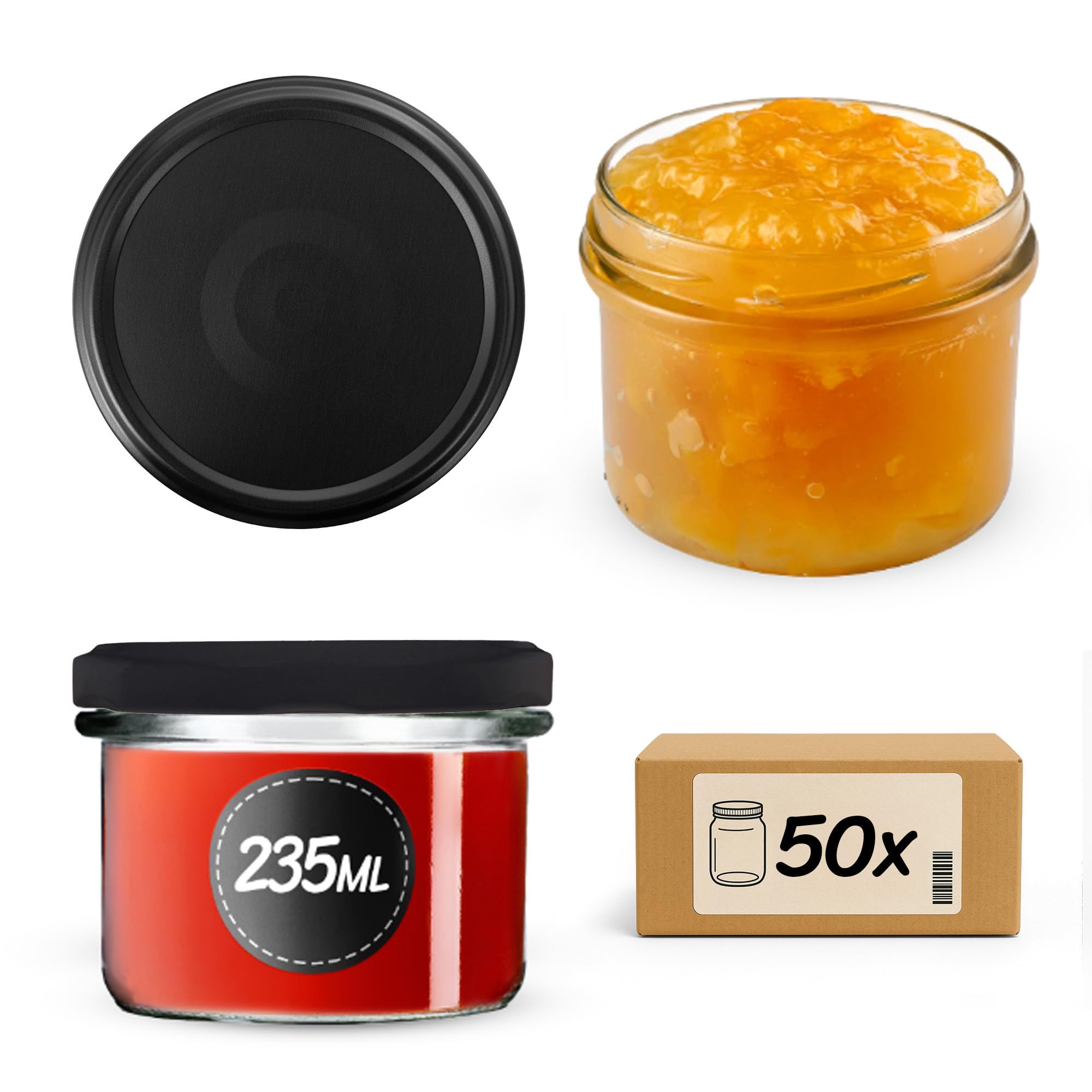 KADAX 50er Set Marmeladengläser 235ml TO82 Schwarz matt, Einmachgläser Vorratsgläser Mason Jar mit Schraubdeckel, Luftdichte Schraubgläser, Honig & Konfitüre