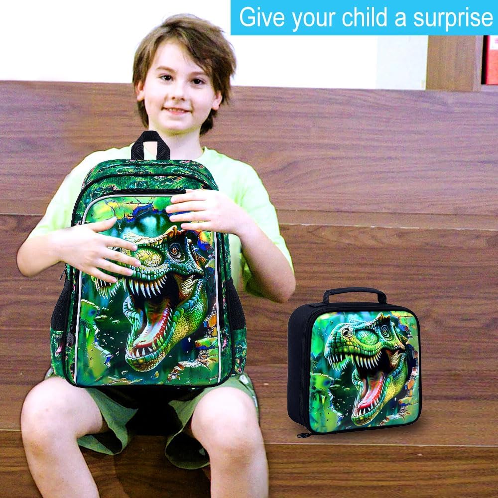 Dinosaur Backpack, 16" Boys Kids Bookbag with Lunch Box, 3Pcs Dino School Backpacks for Elementary Preschool Kindergarten (Green) - Image 9