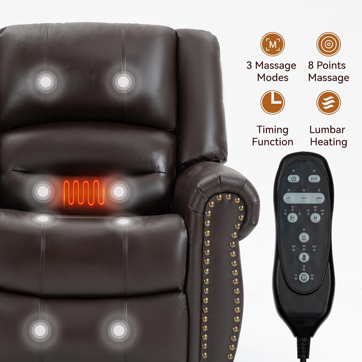 Power Lift Recliner Chair with Heat and Massage, Genuine Leather Electric Dual Motor Infinite Position, Brown