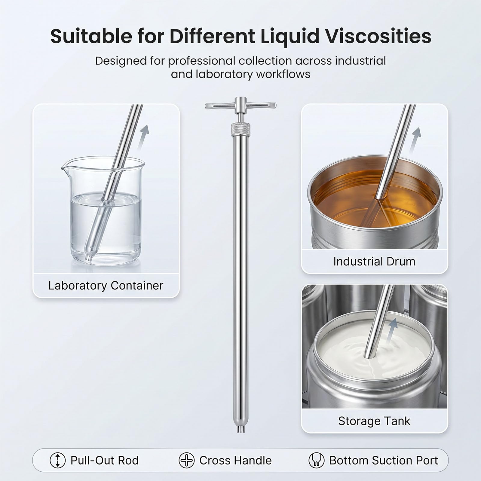 Échantillonneur de Liquide Visqueux, Préleveur pour Fûts en Acier Inoxydable 304, Tube Extractible pour Huile Eau Produits Chimiques, Sonde de Laboratoire Argent,0.5m (1.64ft) 180ml | 1