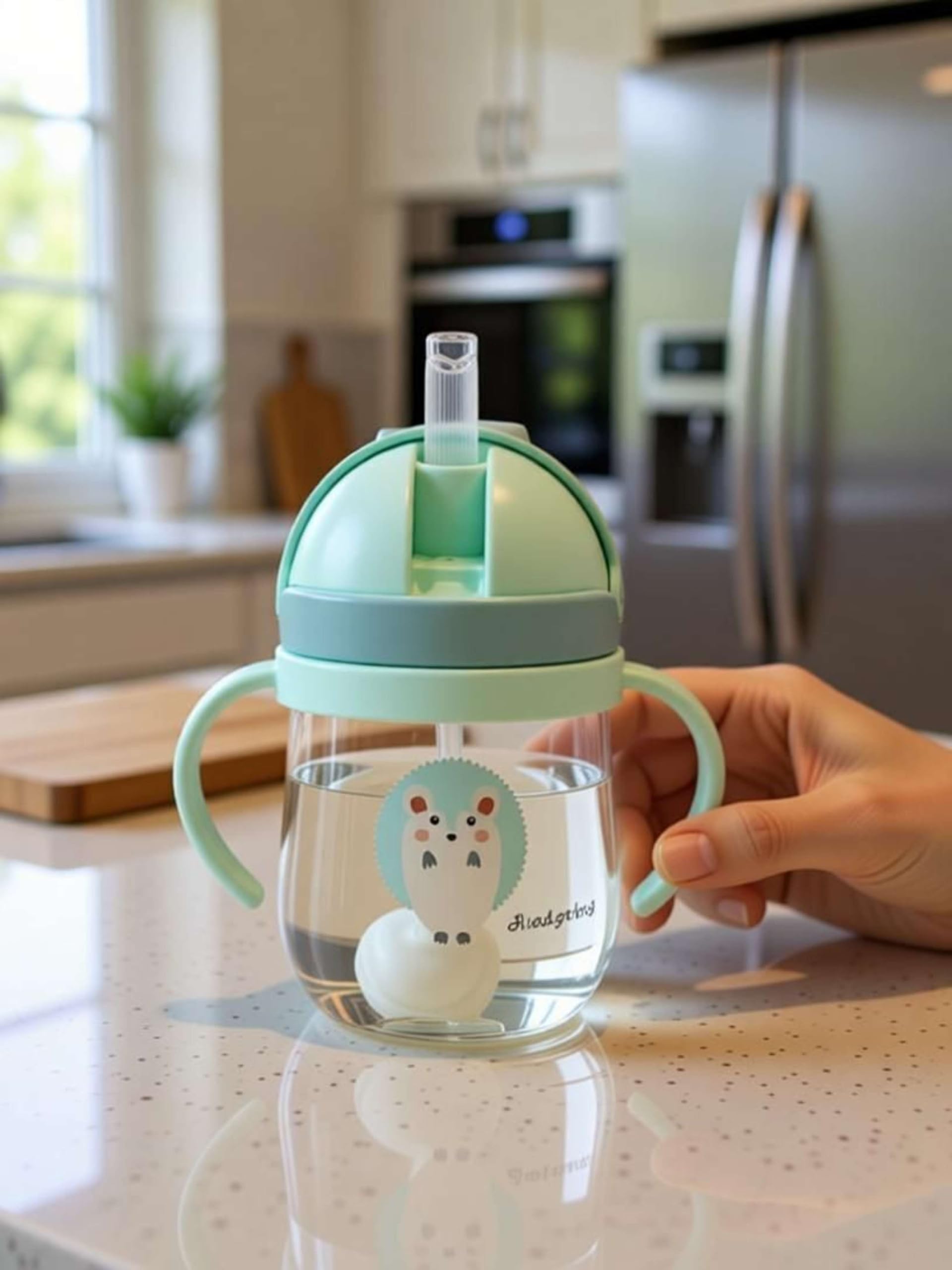 Baby Sippy Cup with Straw and Dual Handles, Mint Green,pack of 1 | Weighted Straw Ball, Leak-Proof Lid, Toddler Training Cup, Cute Animal Print, Clear Body-image-25