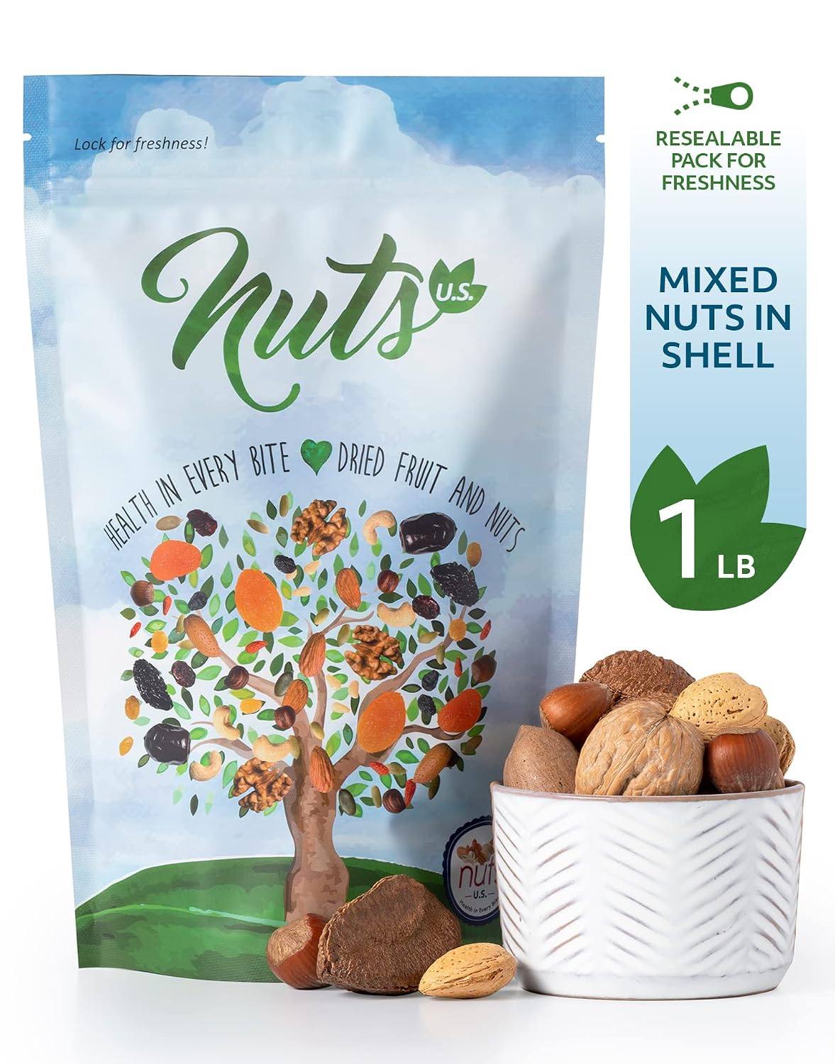 NUTS U.S. – Mixed Nuts In Shell (Almonds, Walnuts, Hazelnuts, Pecans, Brazil Nuts) | No Added Colors and No Artificial Flavors | Fresh Buttery Taste and Raw |Packed In Resealable Bags!!! (1 LB)