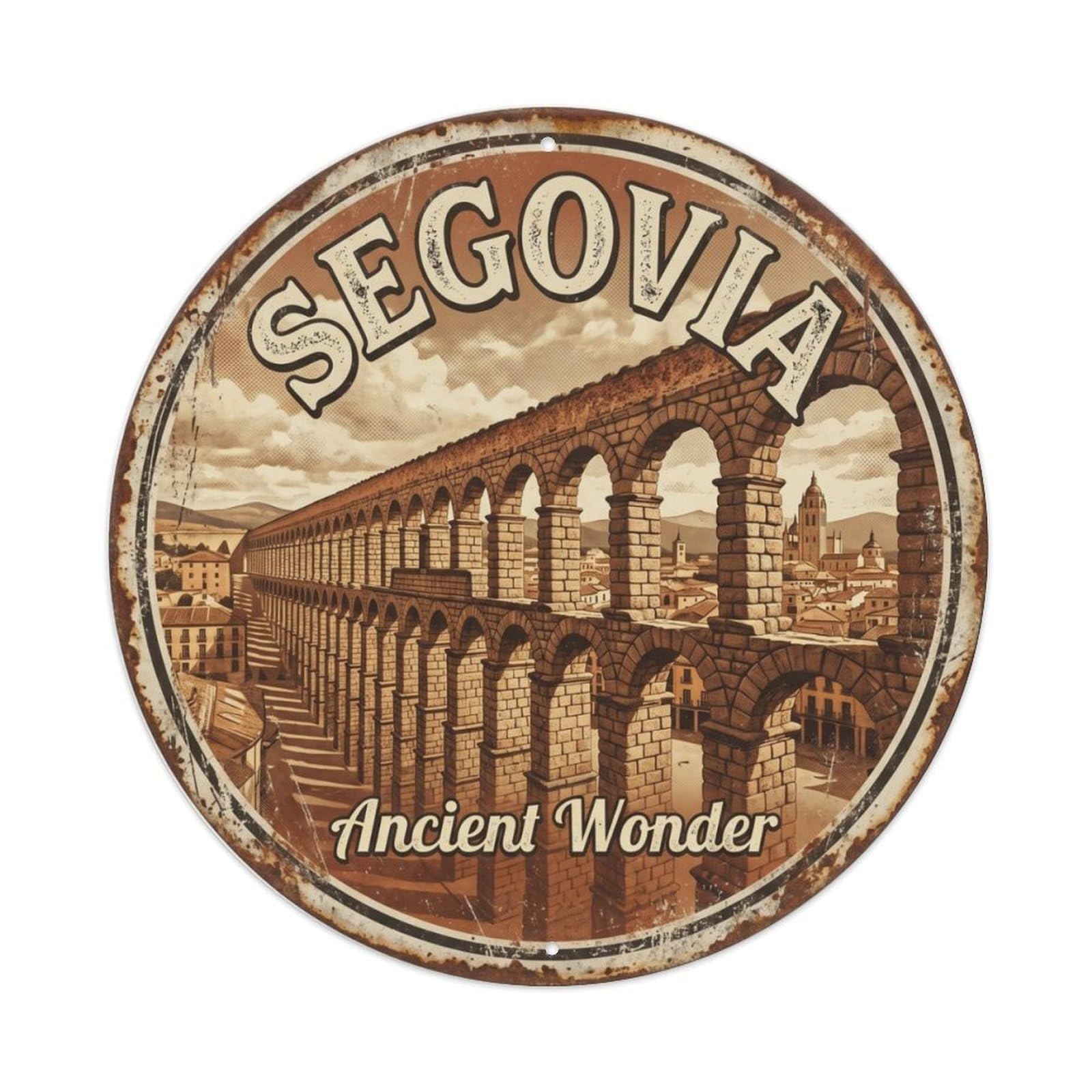Vintage Travel Aqueduct Spain Segovia Metal Tin Sign Plaque Wall Decor for Cafe, Club, Garden Round Metal Poster 8x8Inch