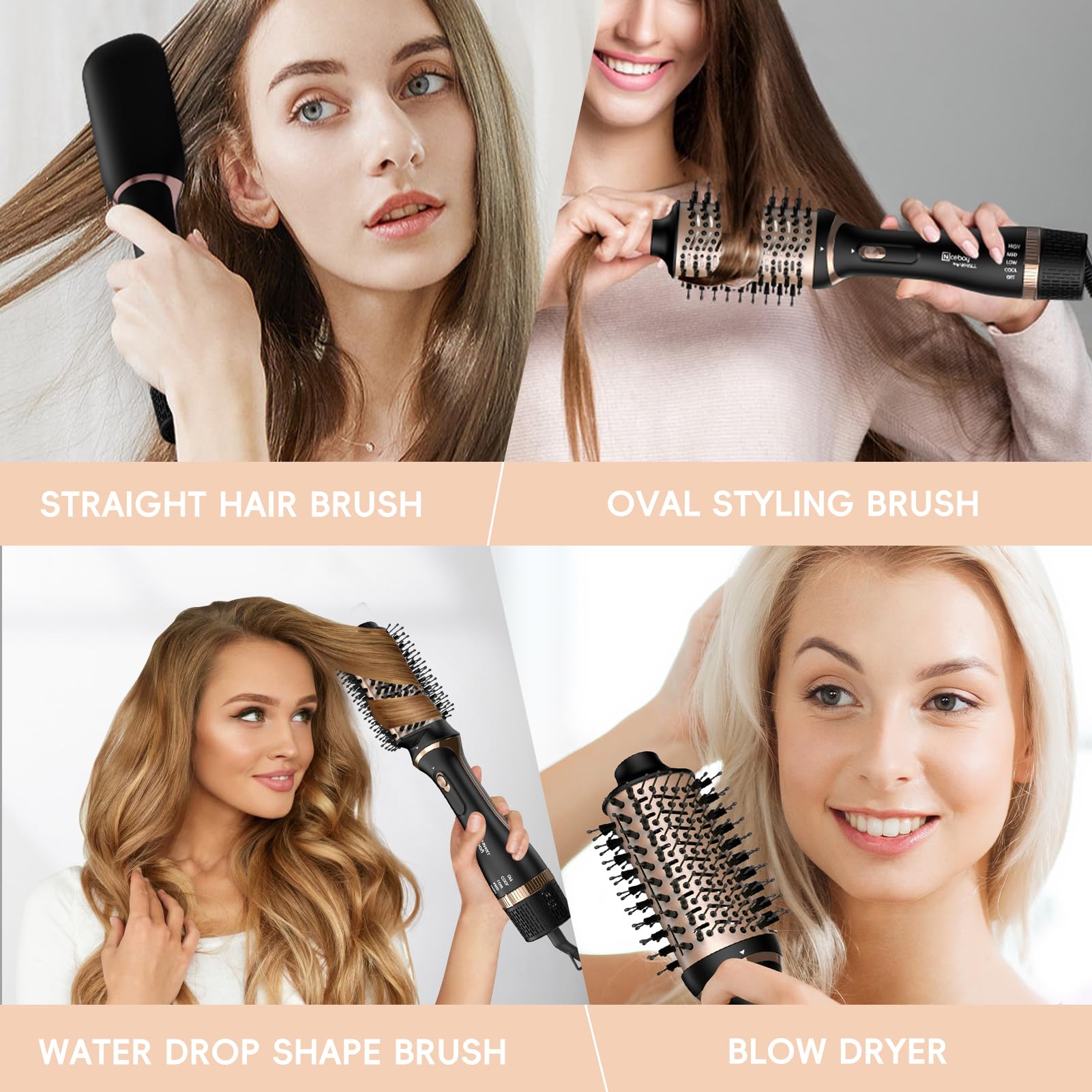Nicebay Hair Dryer Brush,Hot Tools Blow Dryer Brush in One for Drying/Straightening/Curling/Voluming, Oval Hot Air Brush,One-Step Blowout Brush Hair Dryer with 3 Attachments, Multi-temperature Setting