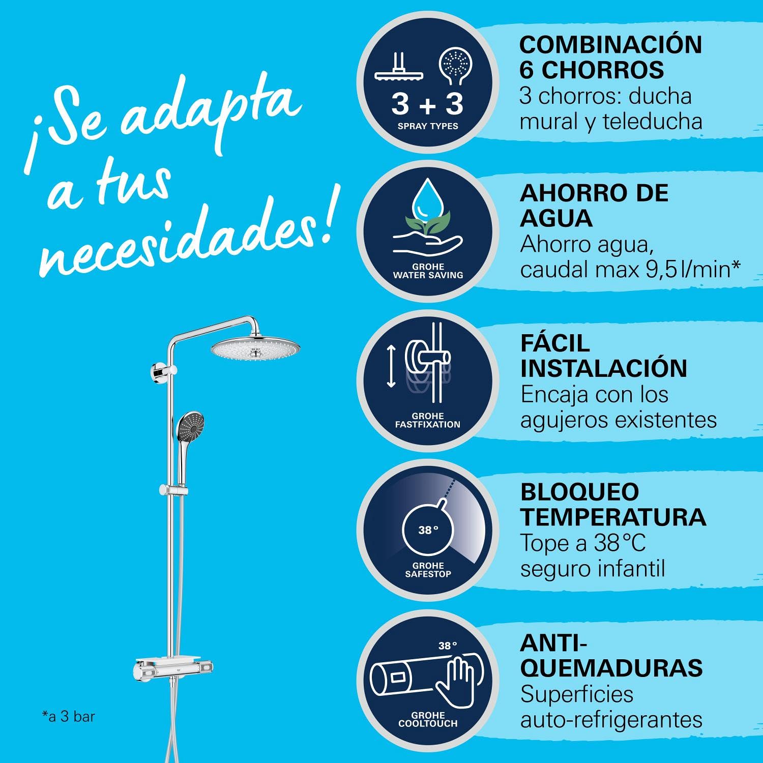 GROHE QuickFix Vitalio Joy 260 - Columna de ducha con termostato (mural 26cm, teleducha 11cm, 3 chorros, flexo 1.75m, repisa, QuickSpanner incl.), cromo, 26403002 [Clase de eficiencia energética A]