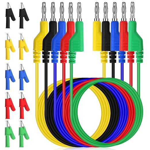 APOMOONS Lot De 5 Cordons Test Multimètre + 10 Pinces Crocodiles – Bananes 4 Mm 1 M, Multicolores, Jusqu'à 19A