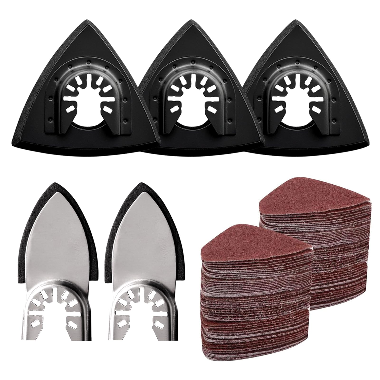 105PCS Oscillating Tool Detail Sanding Pads Kit, 3Pcs Triangle and 2Pcs Finger Sanding Pad, 100Pcs Multitool Sandpaper, Grit Fit for Finishing Wood