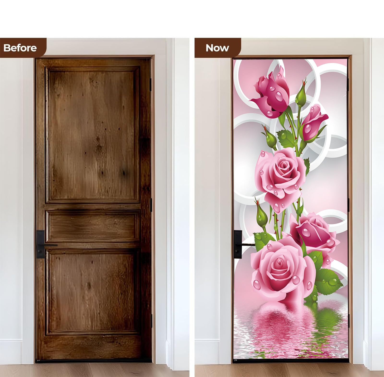 FLFK Adesivi per porte Stacca e attacca - Cerchio di fiori di rosa Carta da parati autoadesiva per pareti e porte poster per la camera da letto e il soggiorno 77x200cm