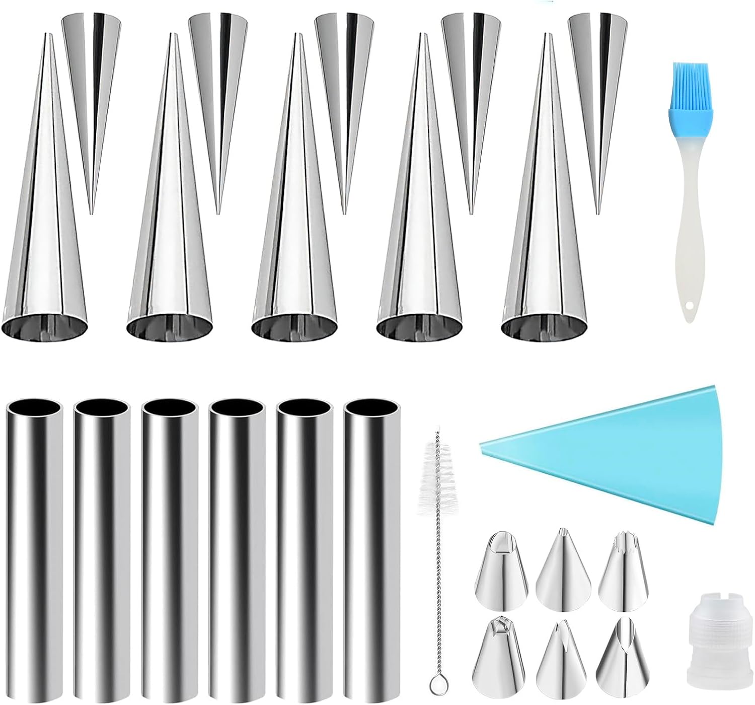 Pack of 26 Cannoli Baking Mould Sets Foam Roller Moulds Small with Cleaning Brush Oil Brush Pastry Bag Cream Mouth Iridescent Curls Shapes for Cannoli Tubes Croissant Baking Moulds