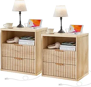 LEYAOYAO Fluted Farmhouse Nightstand Set of 2 with Charging Station, 23" Wide 2 Drawers End Table,Natural Dresser for Bedroom,Bed Side Table Chest of Drawers Cabinet,Wood Night Stand for Living Room
