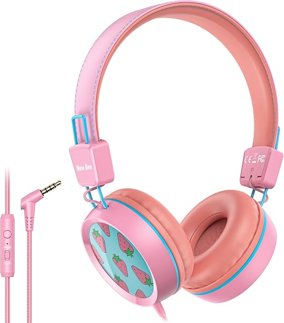 New bee Kids Headphones with Microphone Safety Volume Limited 85/95dB Children Headphones Lightweight Foldable for School Travel (Pink)