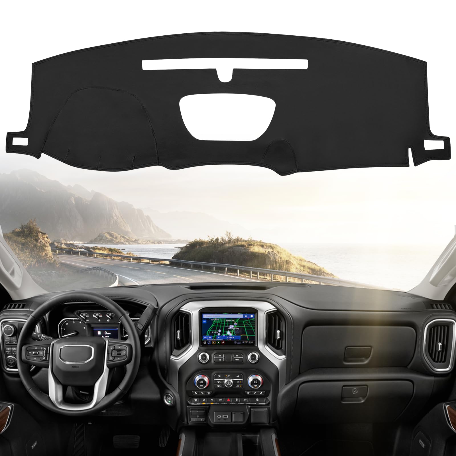 leather dashboard dash cover mat carpet pu compatible with 2019-2022 chevrolet silverado&gmc sierra 1500/2500hd/3500hd(non-compatible hyundai sonata nf)