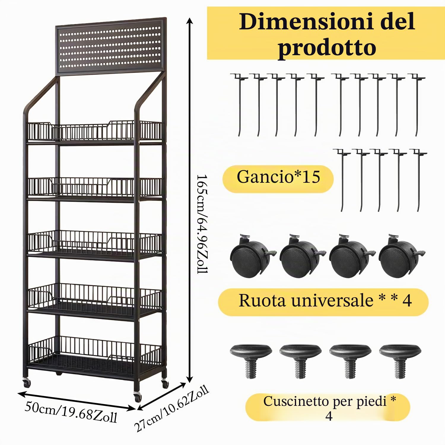 Espositore snack per vendita al dettaglio, scaffali vendita a 5 piani, carrello espositivo caramelle con ruote e ganci, organizer in metallo per dispensa