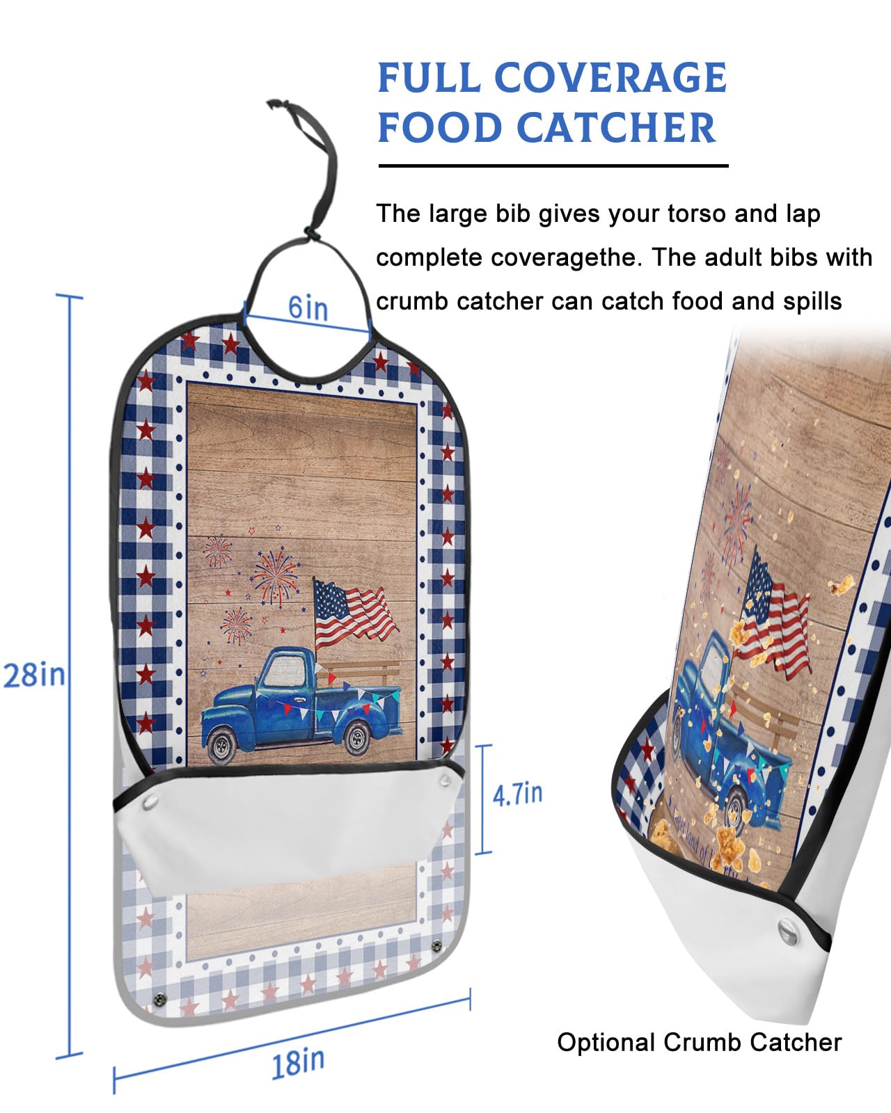 4th of July Adult Bibs for Eating, Waterproof Bibs with Food Catcher & Adjustable Snap Closure, Independence Day Blue Plaid Truck Vintage Wood Clothing Protectors Adult Bibs for Elderly Women/Men