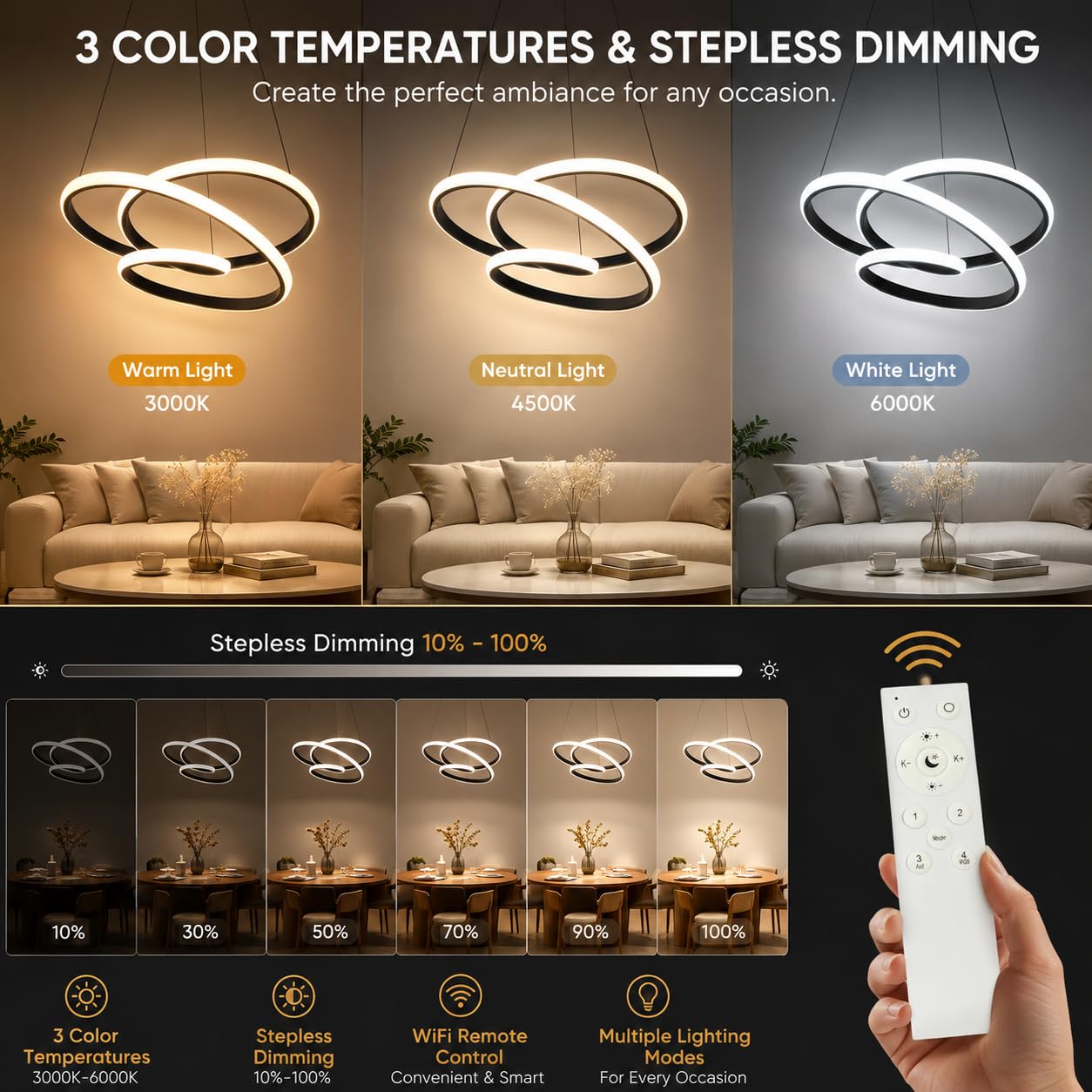 Suspension LED, Lustre de Restaurant Circulaire, Plafonnier au Design Irrégulier Minimaliste pour Chambre à Coucher, Salon - Lumière Blanche de 68 Watts