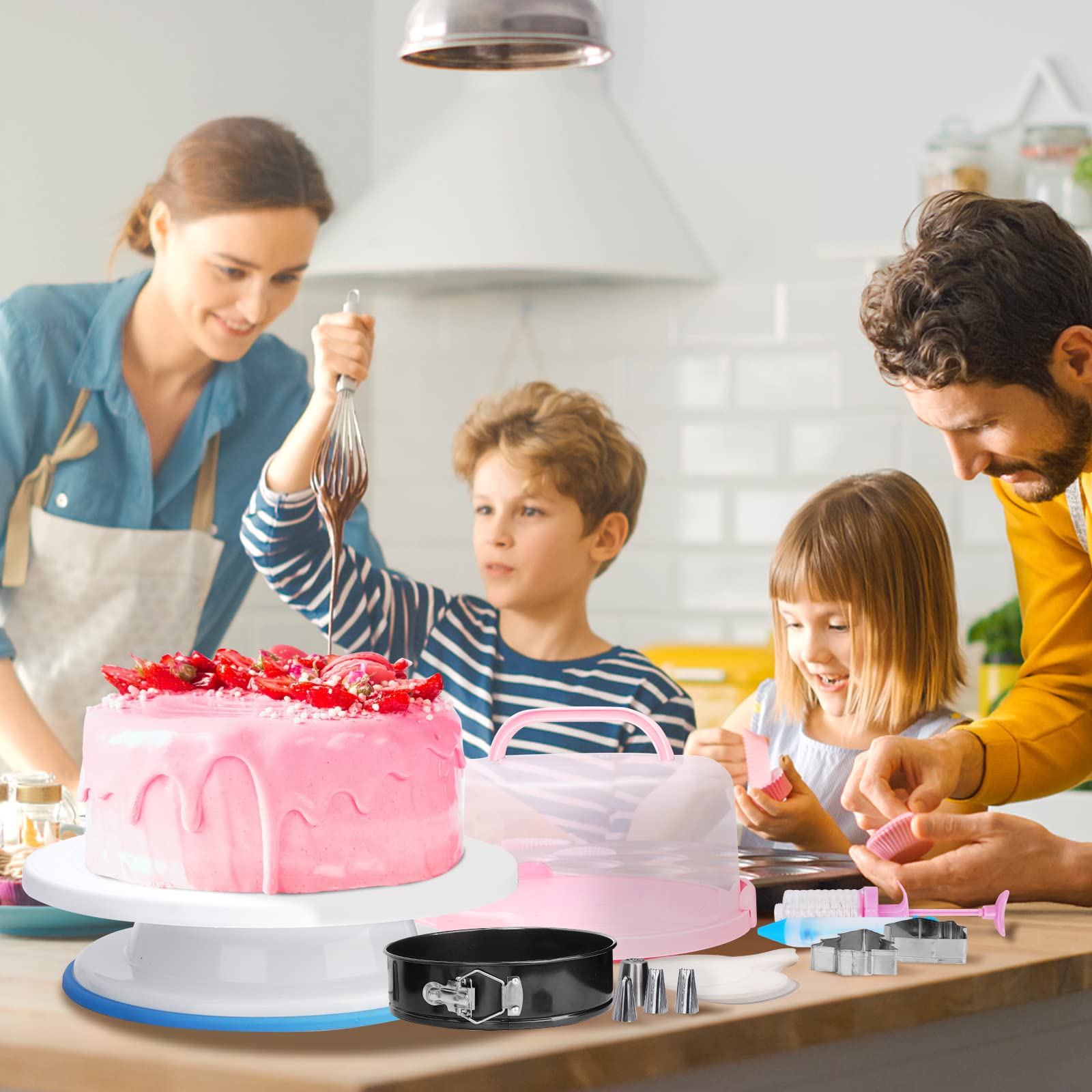 Suministros de decoración de pasteles, kit de decoración de pasteles de 594 piezas con 3 moldes de resorte, soporte de pasteles, tocadiscos, bolsas de tuberías y puntas, moldes de chocolate y otras