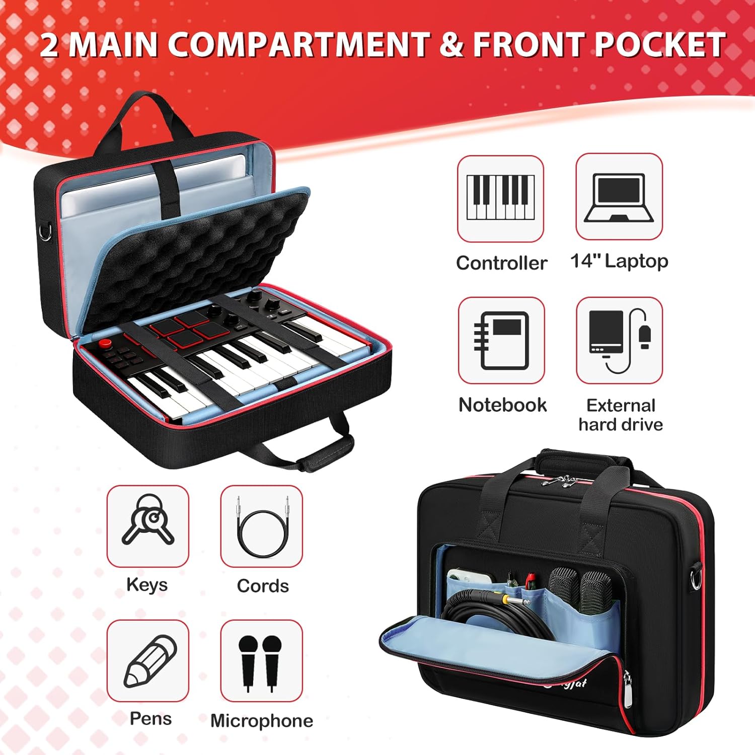 SNIGJAT MIDI Keyboard Case for AKAI MPK MINI MK3, Carrying Case for Arturia MiniLab 3 with 14“ Laptop Compartment, Soft Padded MIDI Controller Keyboard Bag with Handle & Shoulder Strap