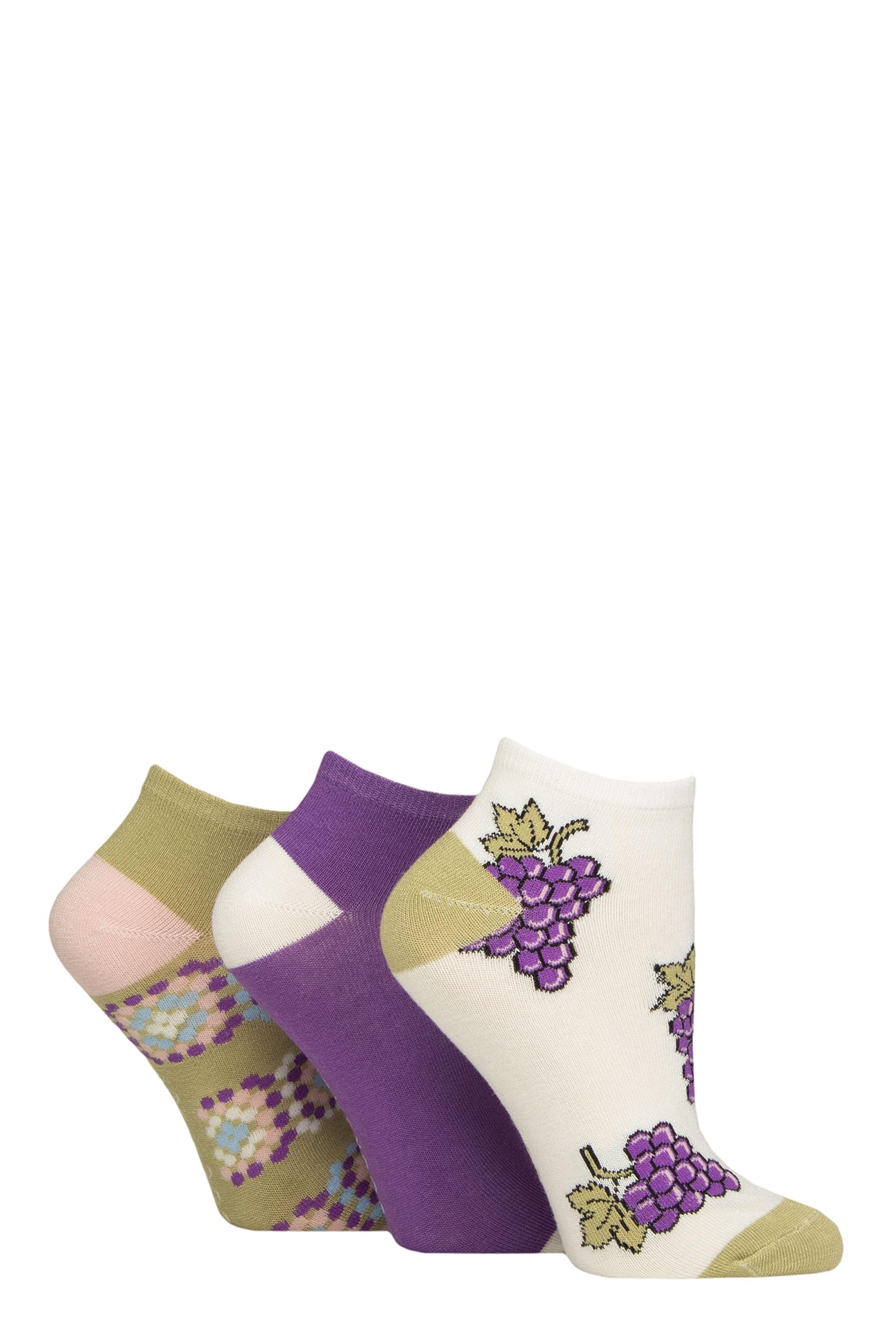 SockShop Ladies Striped, Plain and Mesh Bamboo Trainer Socks Pack of 3 (UK, Numeric, 4, 8, Regular, Regular, Grape Vine Patterned)