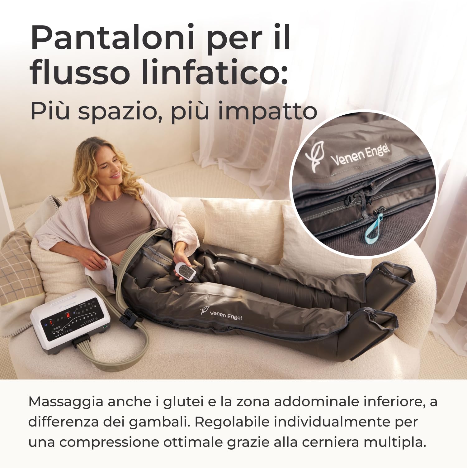 Venen Engel 12 massaggiatori di alta qualità con pantaloni linfatici, 12 camere d'aria disattivabili, pressione della camera regolabile individualmente, 8 programmi di massaggio
