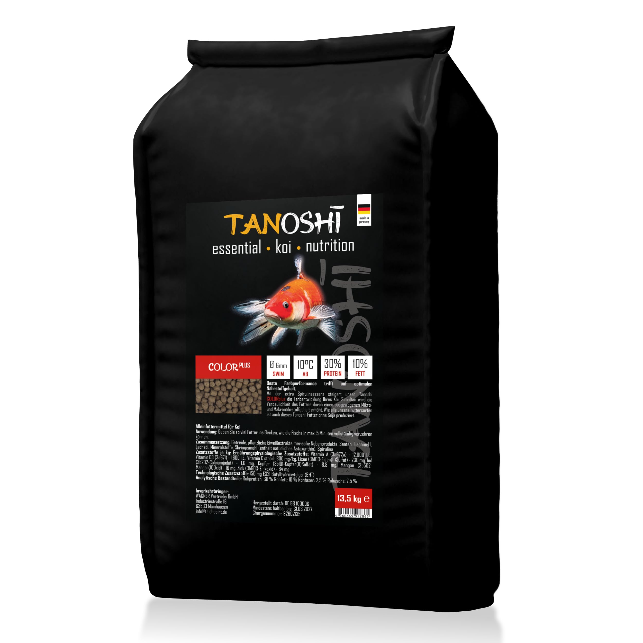 Tanoshi Koifutter - Color Plus - 6mm 13,5 kg | Schwimmendes Hauptfutter für Intensive Farbentwicklung Dank Spirulina mit natürlichem Astaxanthin | ab 10°C