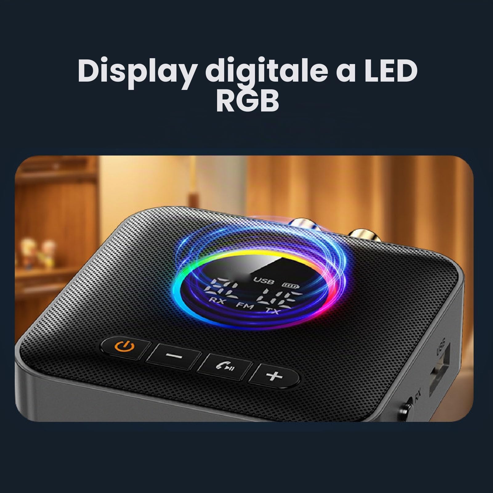 Ricevitore Trasmettitore Bluetooth 6.0 per TV, Adattatore Audio Wireless 3 in 1 con Trasmettitore FM, Display Digitale a LED, USB AUX da 3,5 Mm per Stereo Domestico, Luce RGB
