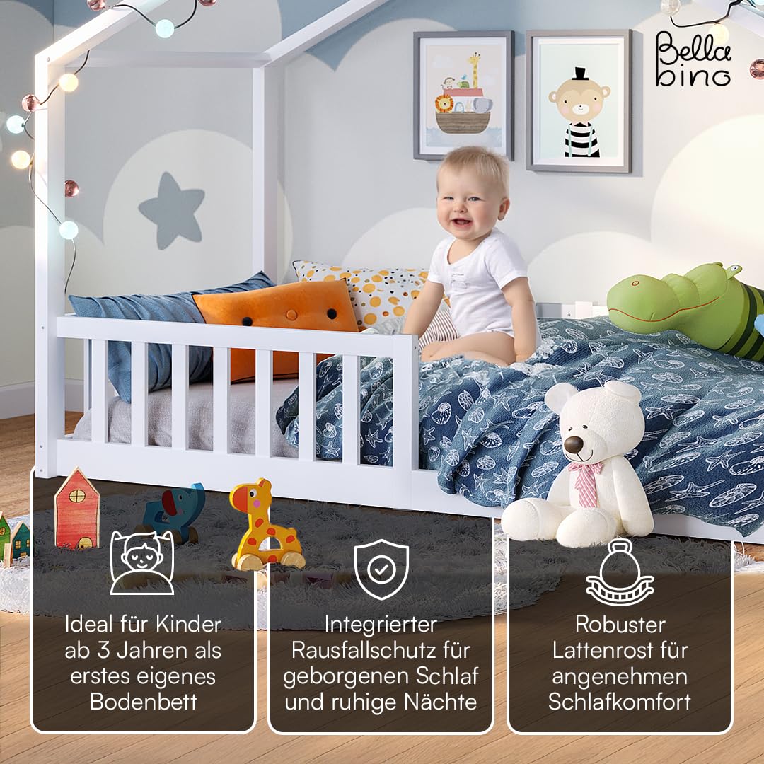 Bellabino Bia Kinderbett 90x200 cm – Bodenbett mit Rausfallschutz & Lattenrost – Hausbett aus Massivholz Kiefer – Montessori Kinder Bett in Weiß für Jungen und Mädchen
