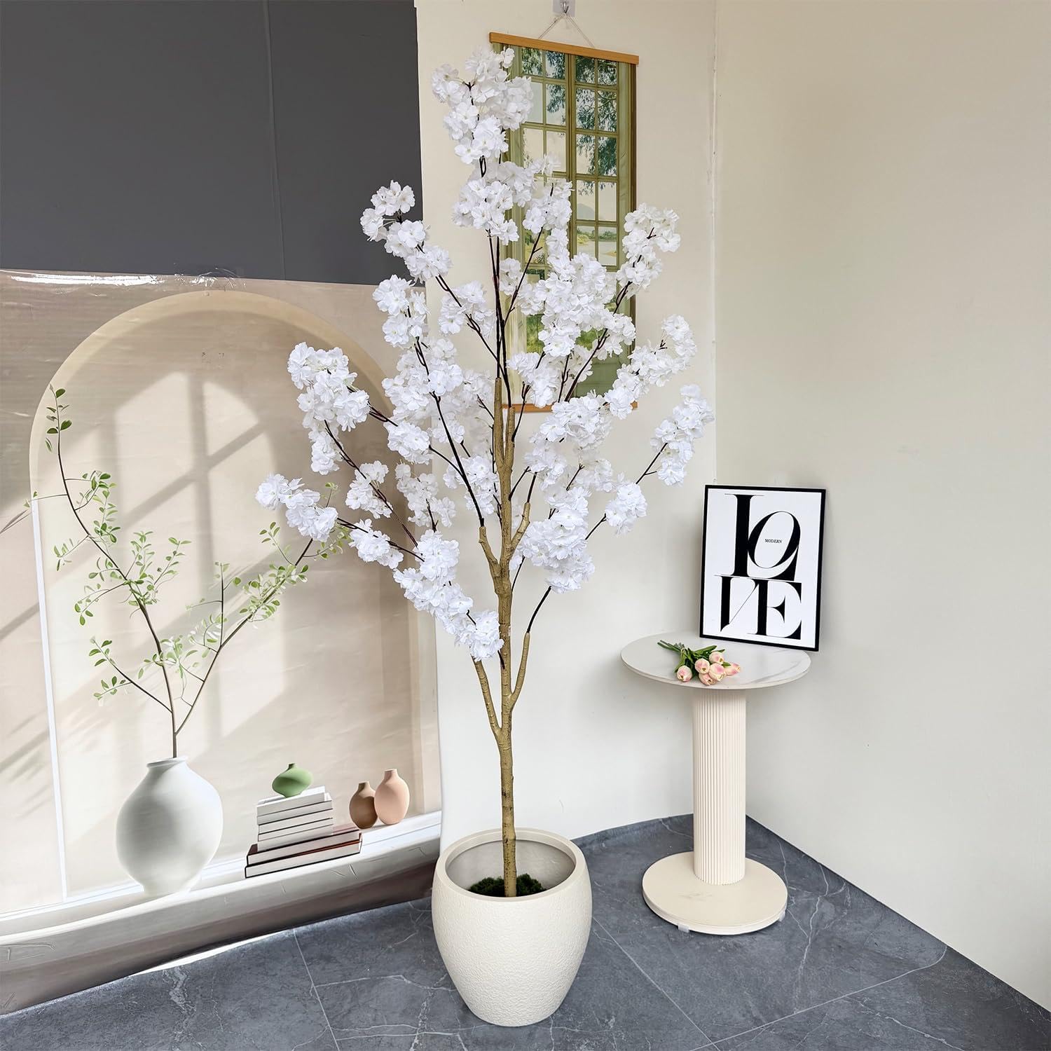 Artificial Cherry Blossom Tree Decor, Fake Silk Flower Plant Indoor, Realistic Faux Cherry Tree Trunk,70.87in/180cm