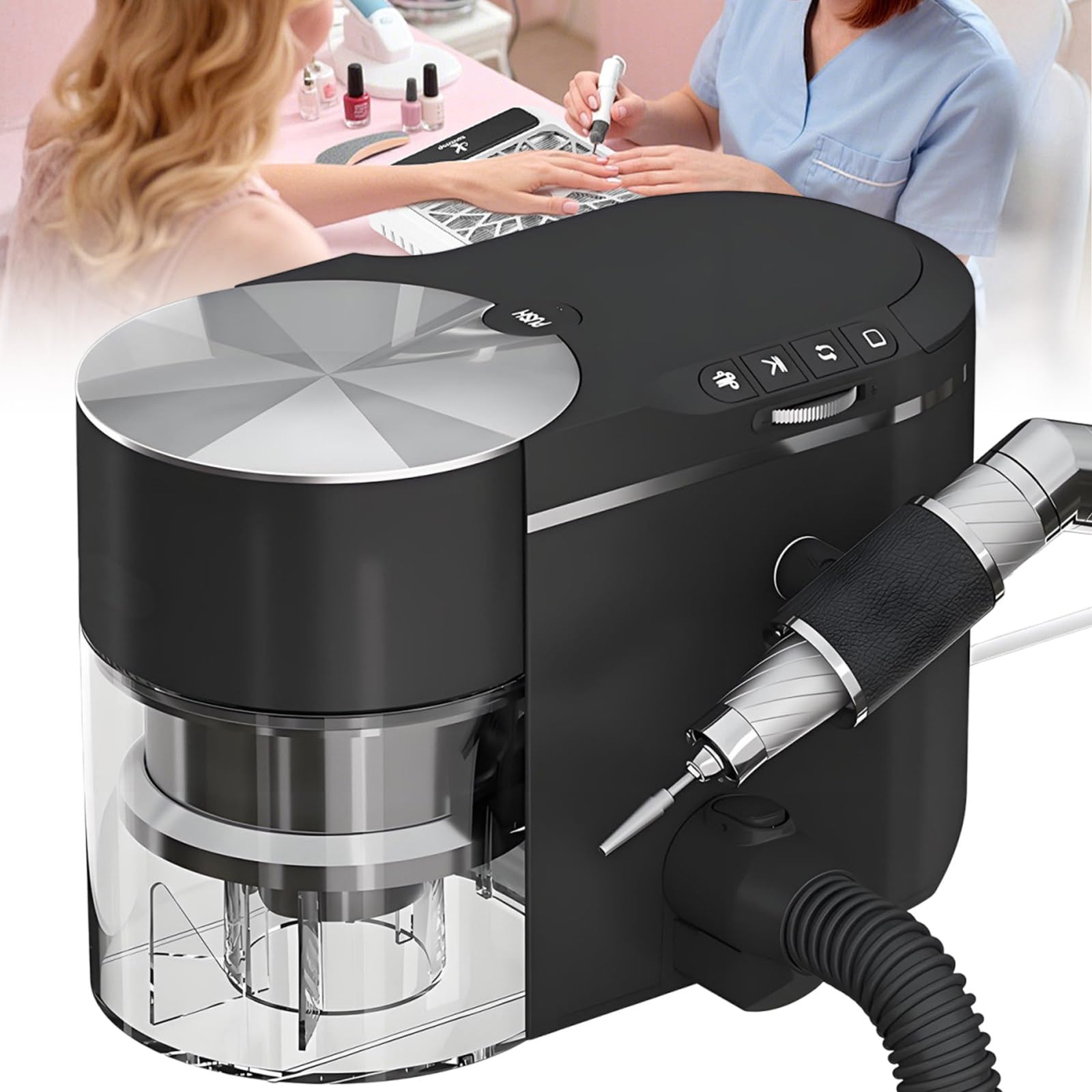 Sunseota Professional Nail Drill and Dust Collector 2-in-1, Electric Nail File Polisher with Vacuum Suction, 30000 RPM Brushless Motor, ≤68dB Ultra Quiet, Adjustable Suction & Angle Black
