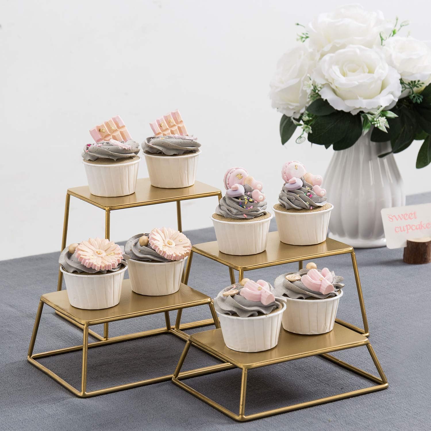 MyGift 4 Piece Set Modern Brass Tone Metal Nesting Tabletop Cupcake Display Risers, Food Appetizer Dessert Buffet Table Serving Stands for Home Party Event Retail (Brass)