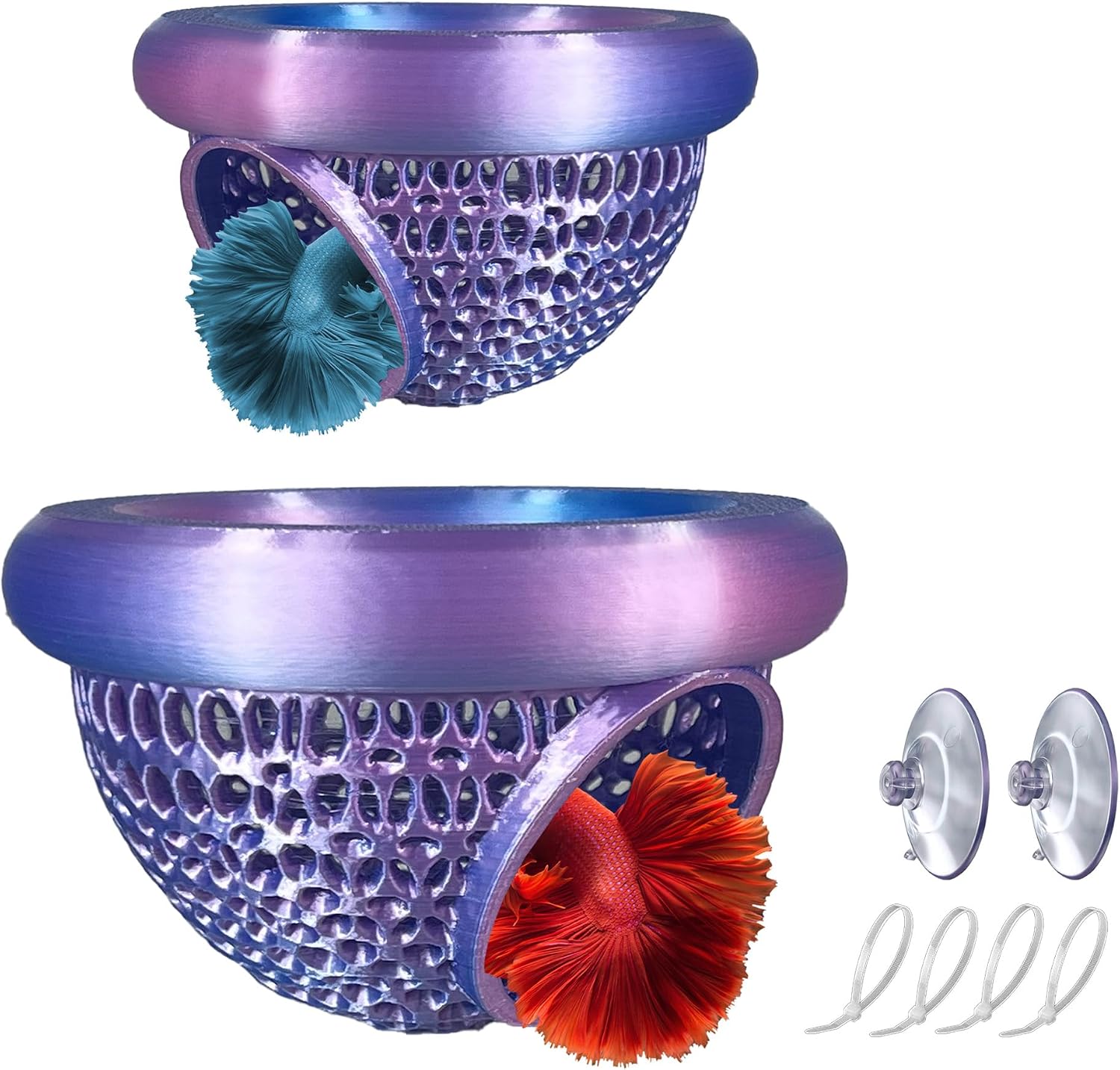 2-Pack Floating Betta Hammock, Multi-Functional Fish Tank Decor, Color-Shifting Betta Hideout with Suction Cup, Feeding Rings, Aquarium Plant Holder, Betta Fish Tank Accessories, (Dream Violet)