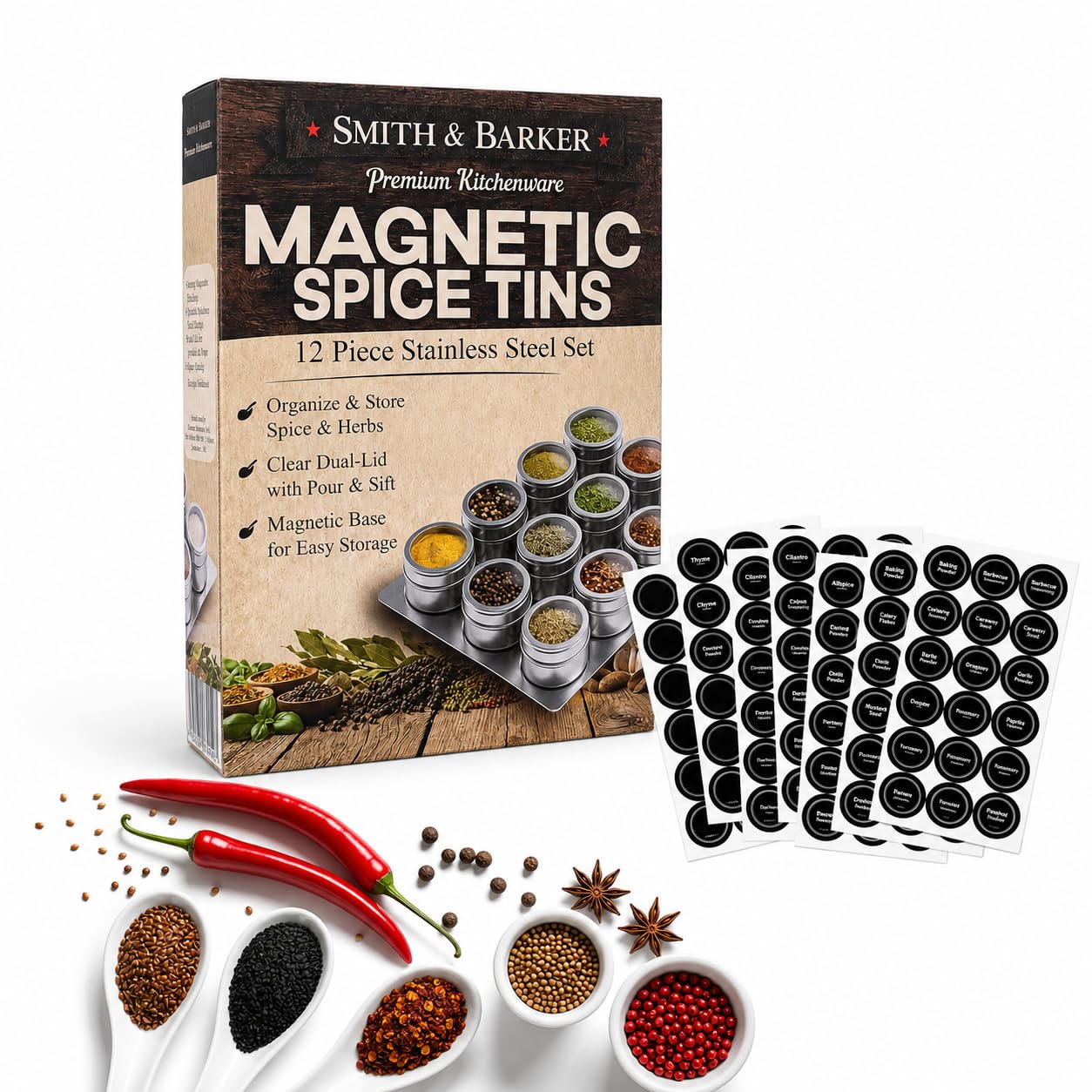 Smith & Barker - 12 Powerful Magnetic Spice Tins- Stainless Steel Spice Storage Containers, Kitchen Spice Jars with Clear Lid with Sift & Pour, Wall Stainless-Steel Base, Includes 120 Labels