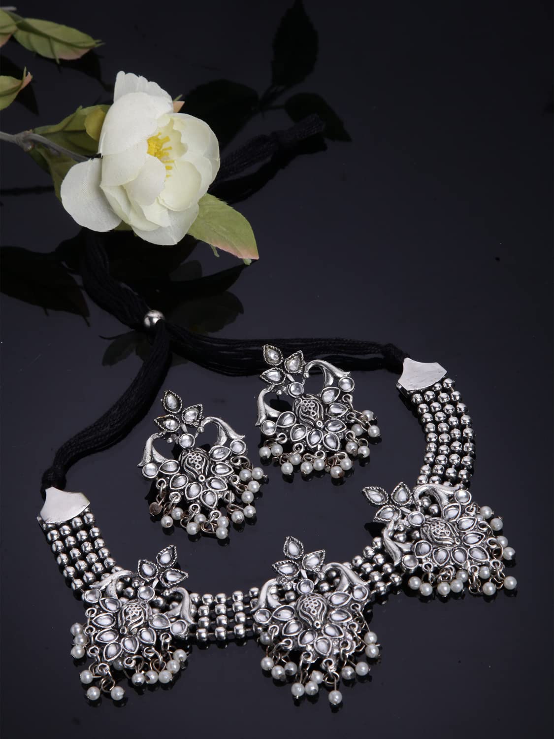 Samyuktha Set di gioielli da donna in argento ossidato tradizionale elegante (13119s), metallo, senza pietre preziose, Metallo, Nessuna pietra preziosa